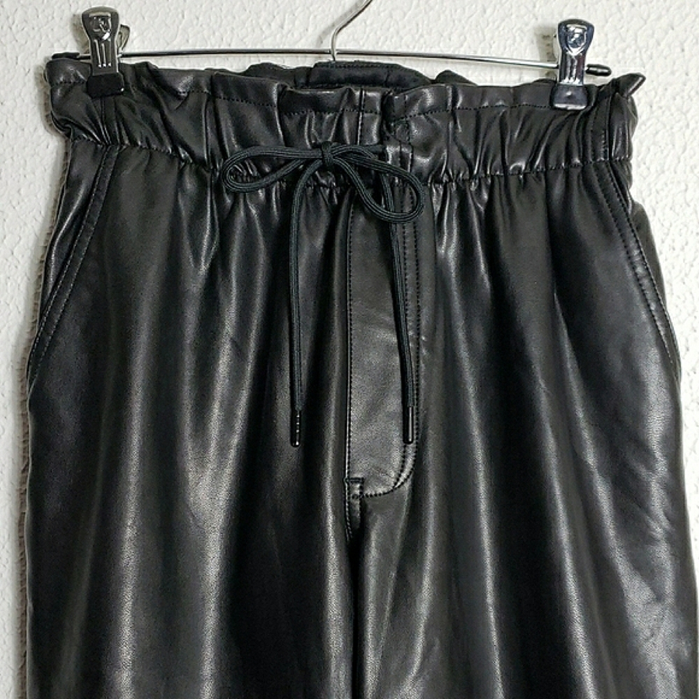 Abercrombie & Fitch Black Faux Leather Paperbag Pants Tie Waist Straight Leg S - Picture 3 of 13